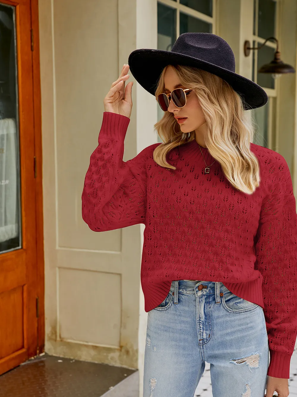 Openwork Round Neck Sweater, image 7