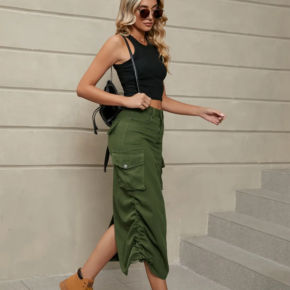 Drawstring Ruched Slit Denim Midi Skirt, image 7