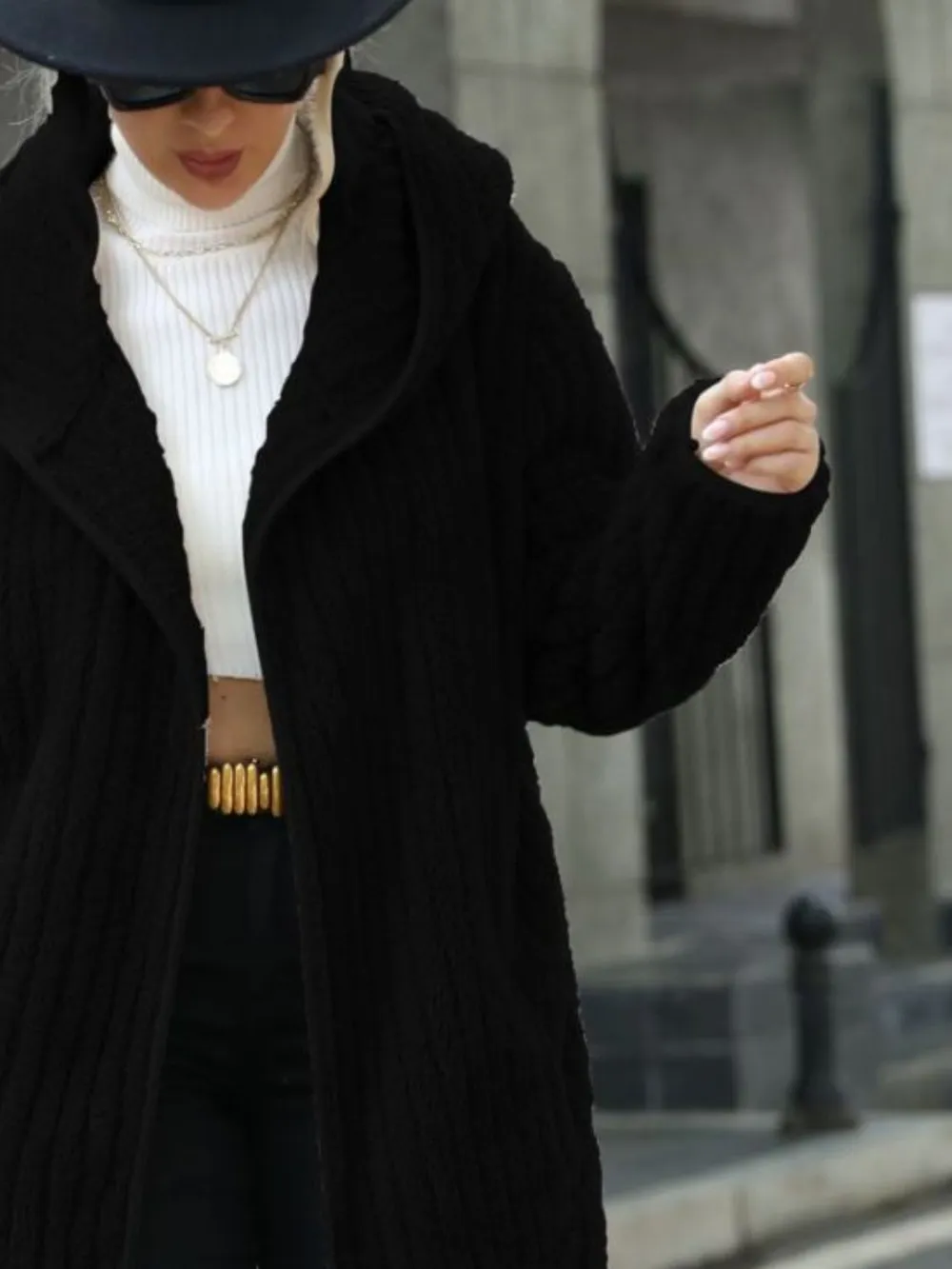 Open Front Ribbed Hooded Coat, image 8