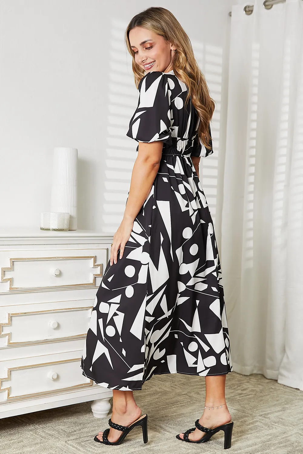 Printed Surplice Balloon Sleeve Dress, image 2