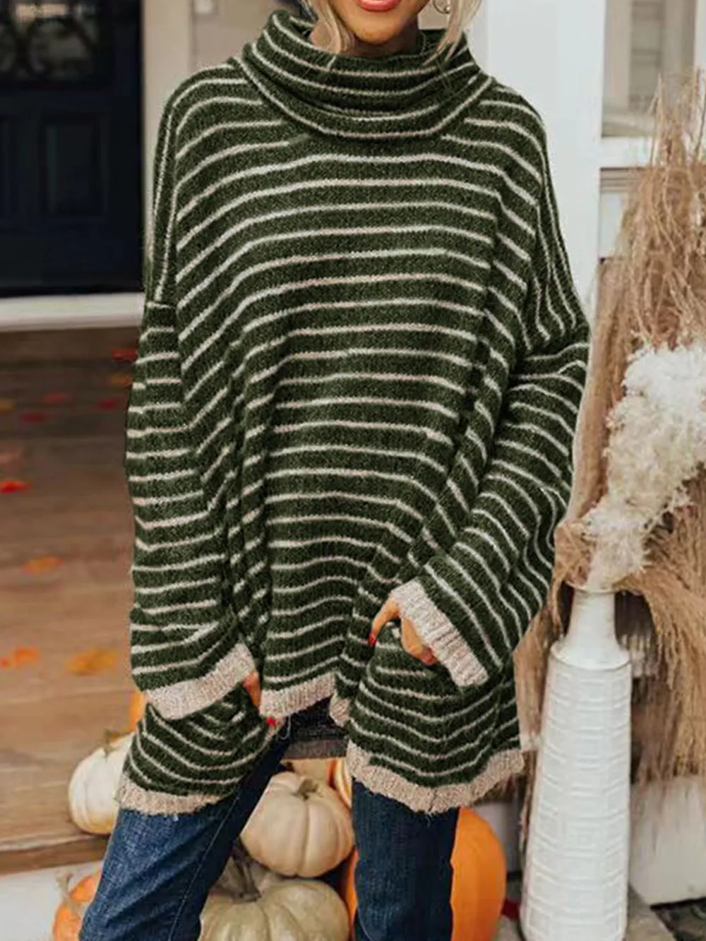 Striped Turtleneck Sweater with Pockets, image 7