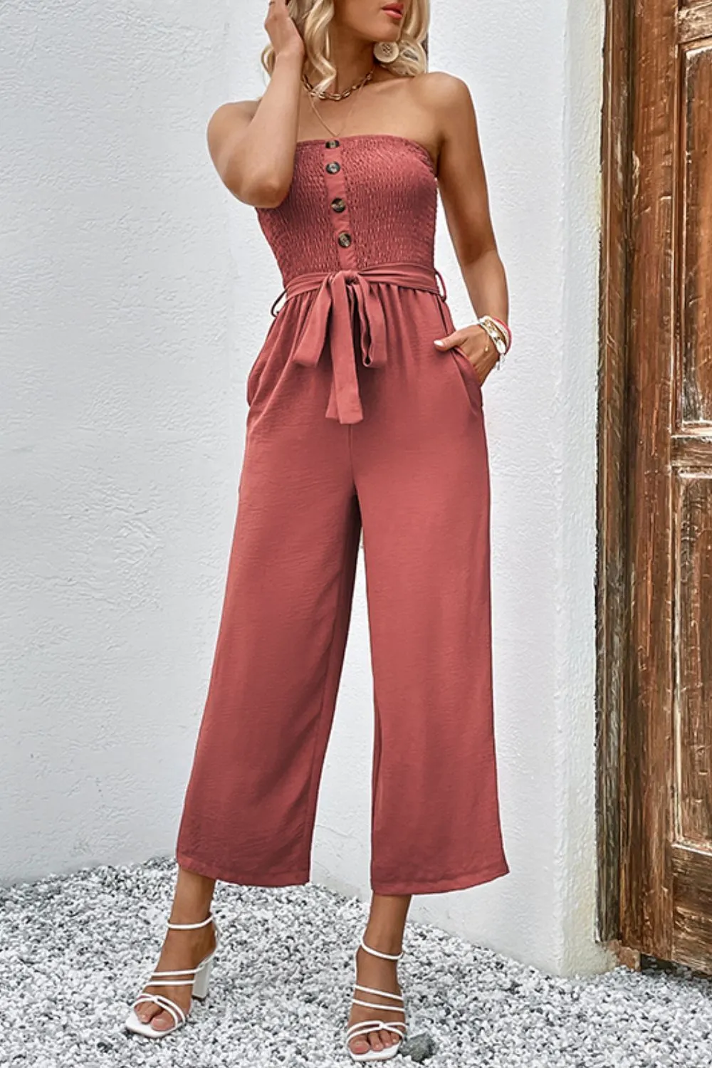 Decorative Button Strapless Smocked Jumpsuit with Pockets, image 2