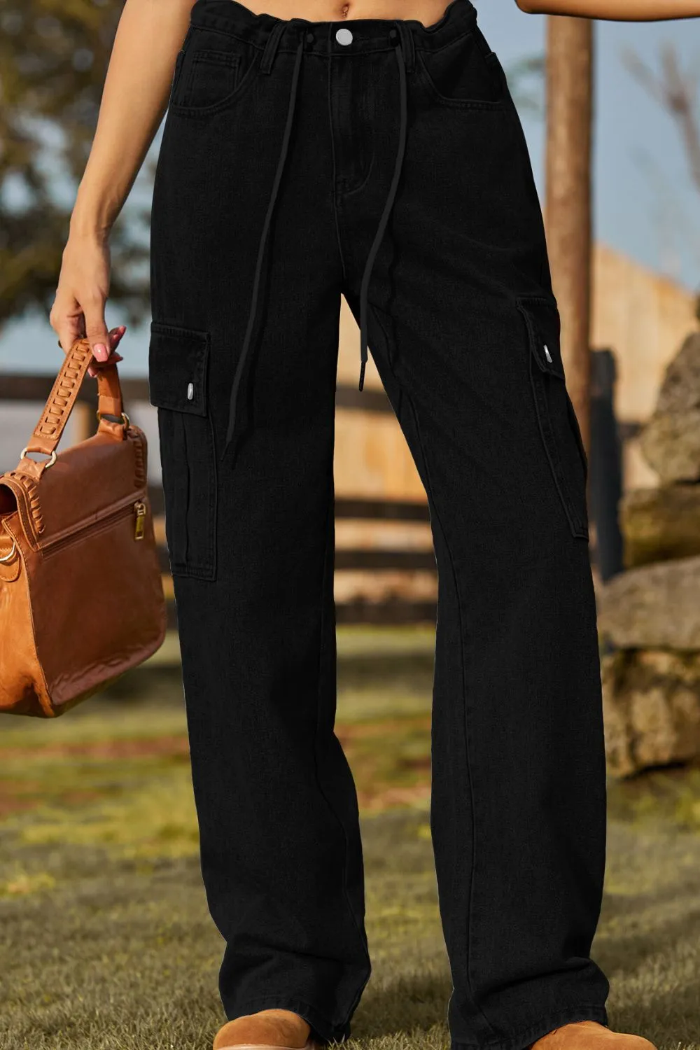 Loose Fit Drawstring Jeans with Pocket, image 2