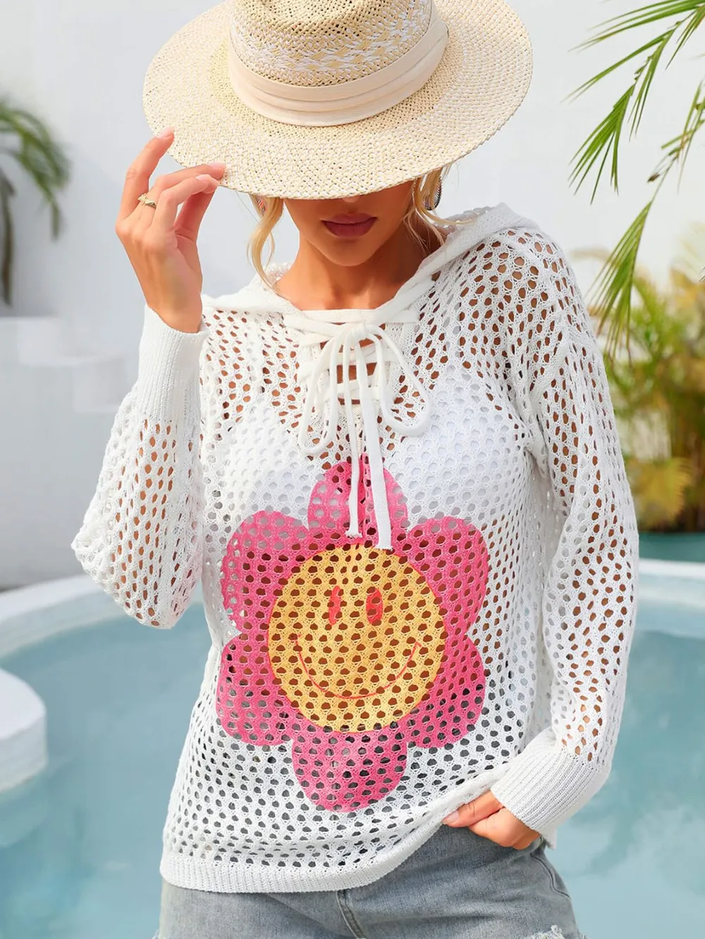 Flower Graphic Lace-Up Openwork Hooded Cover Up, image 5