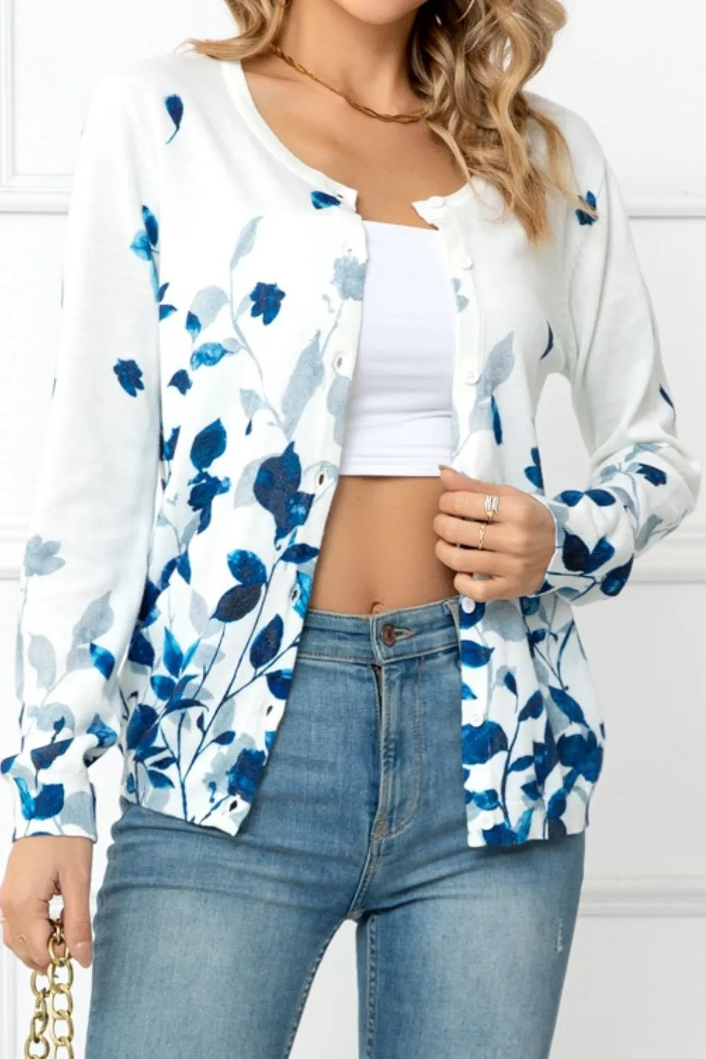 Floral Button Front Round Neck Cardigan, image 4