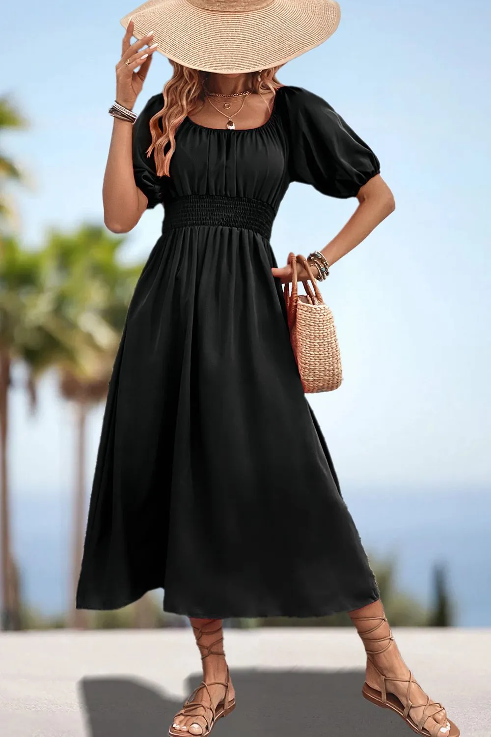 Square Neck Smocked Waist Puff Sleeve Midi Dress, image 2