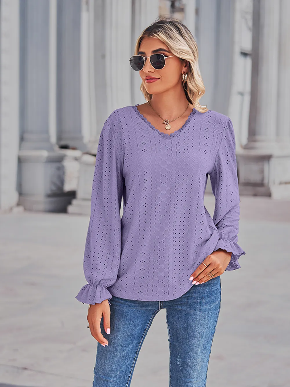 Eyelet V-Neck Flounce Sleeve Blouse, image 10