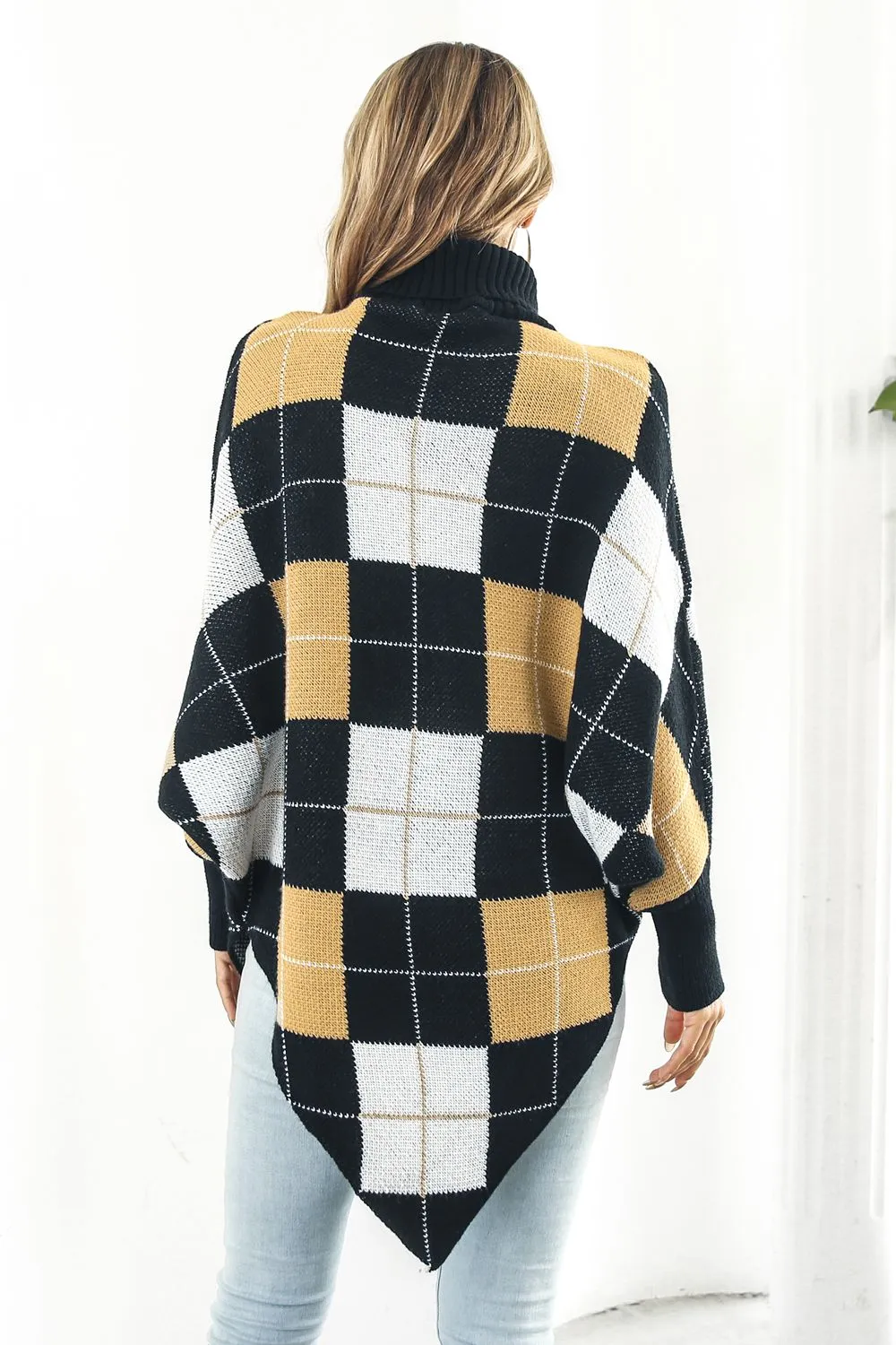 Plaid Turtleneck Dolman Sleeve Poncho, image 2