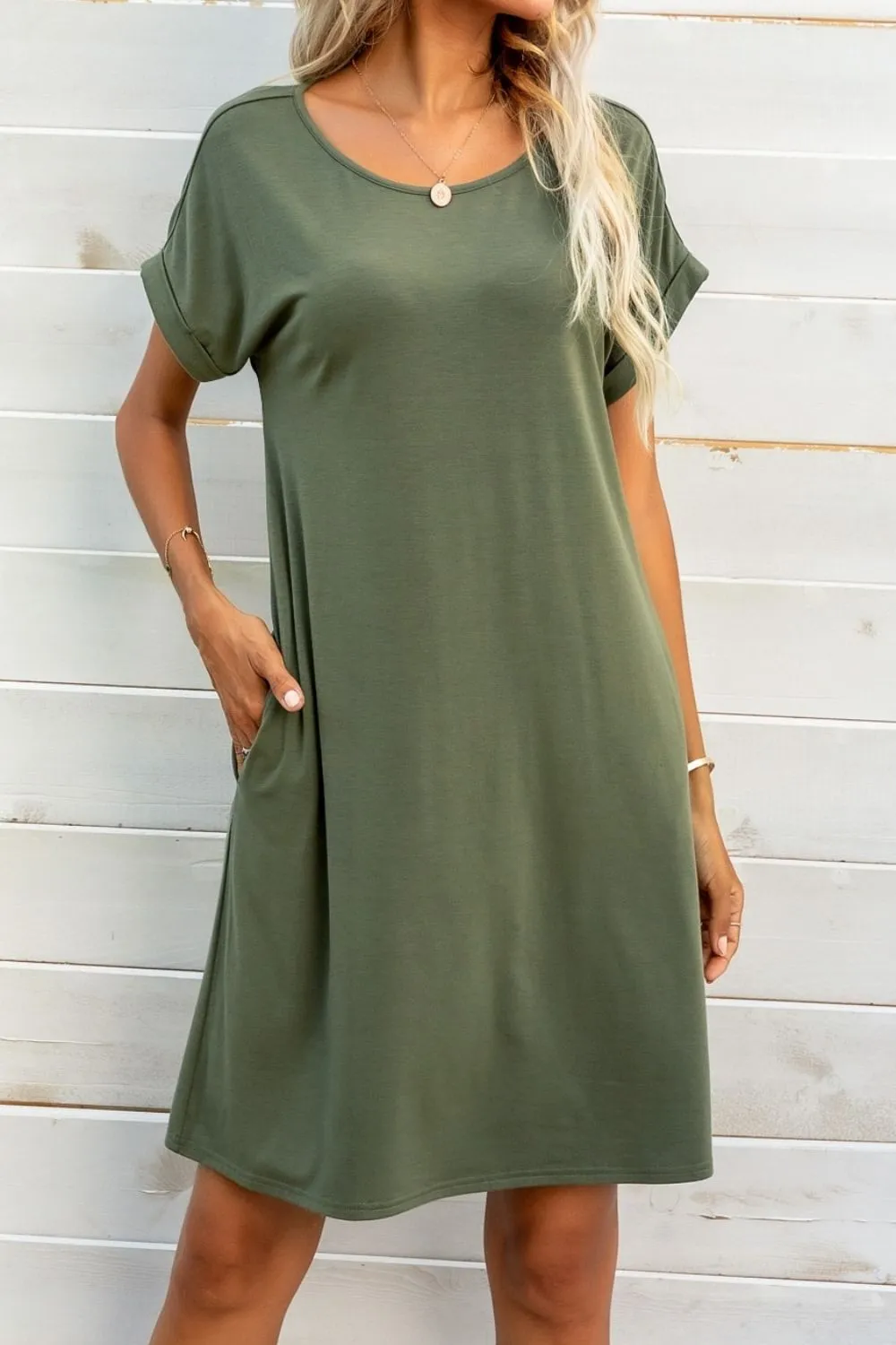 Scoop Neck Short Sleeve Pocket Dress, image 2