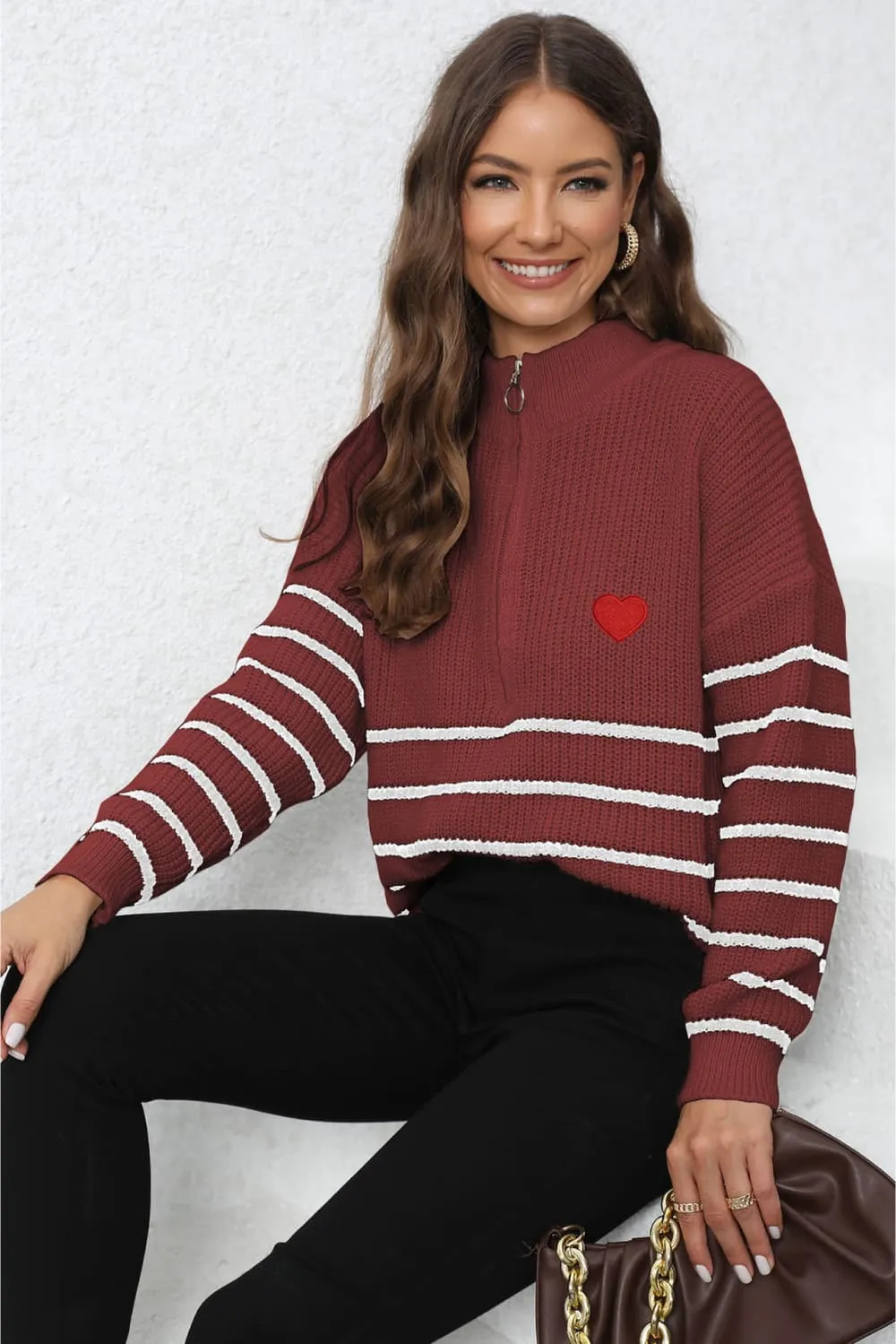 Striped Zip-Up Long Sleeve Ribbed Sweater, image 13