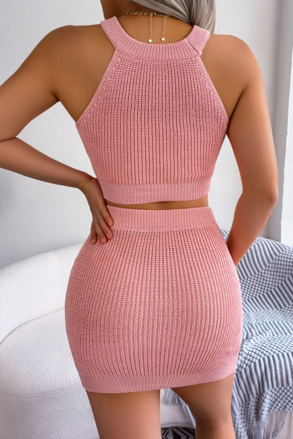 Heart Contrast Ribbed Sleeveless Knit Top and Skirt Set, image 2