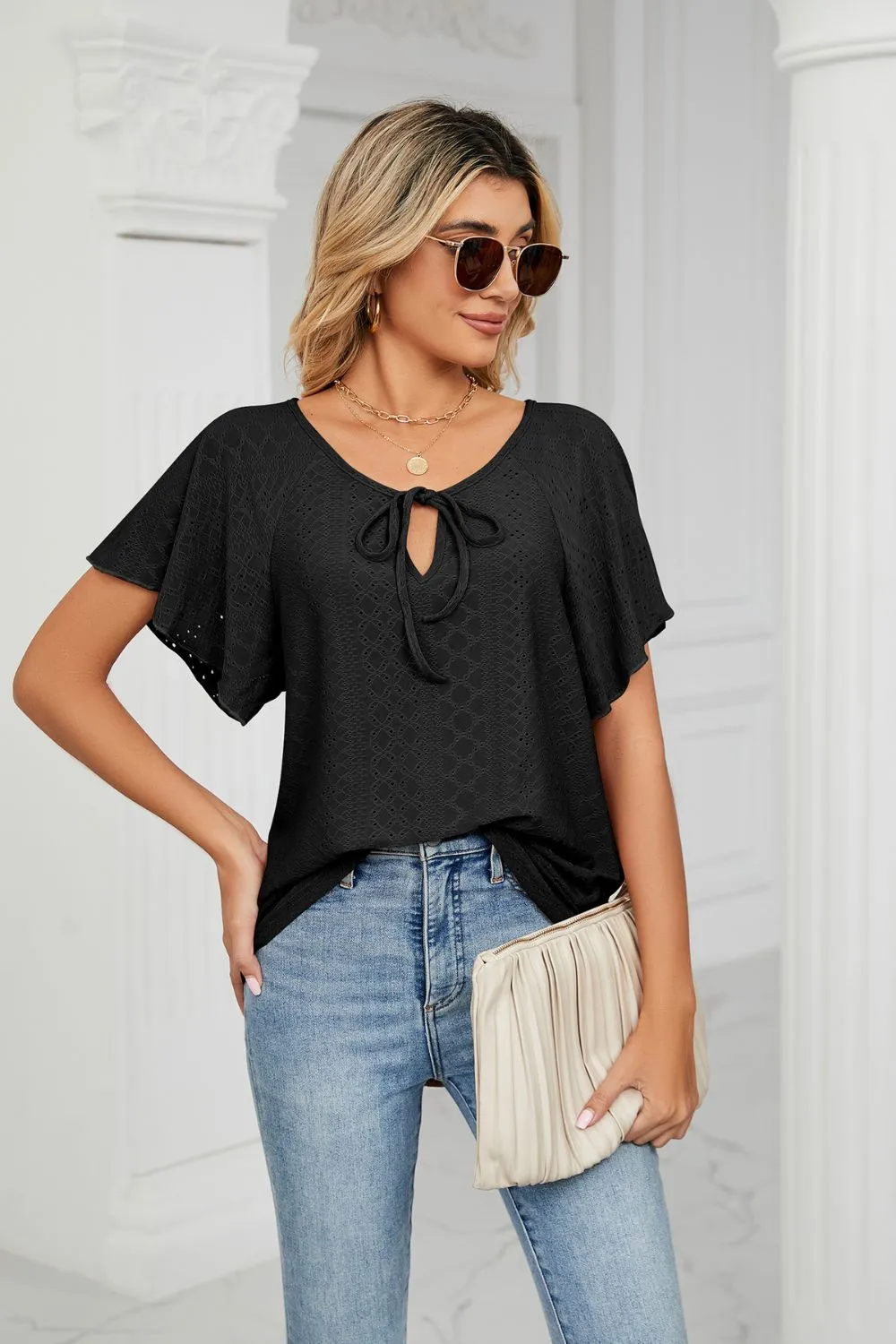 Eyelet Tie-Neck Flutter Sleeve Top, image 3