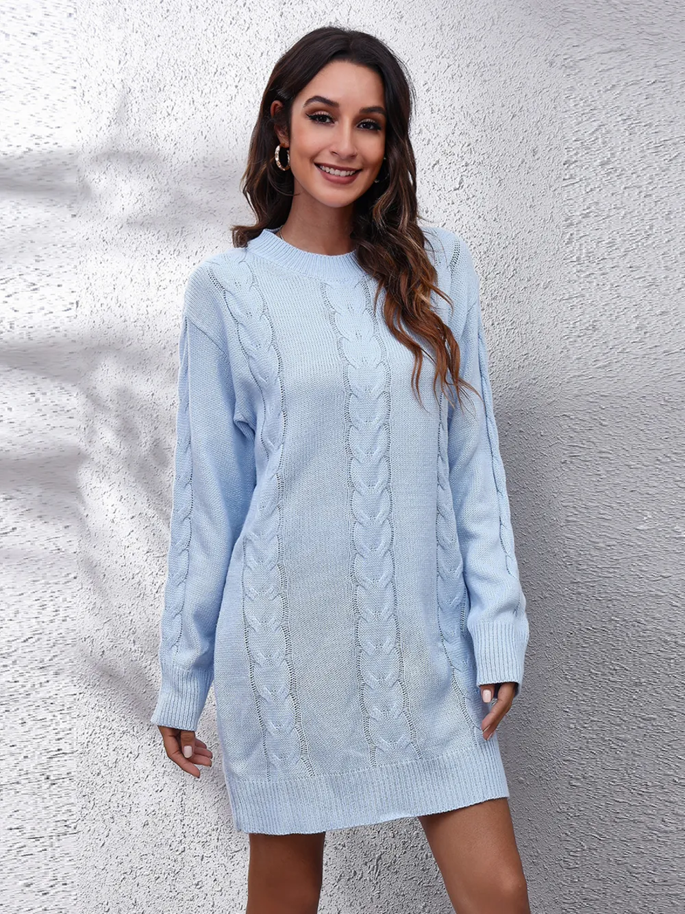 Cable-Knit Round Neck Sweater Dress, image 4