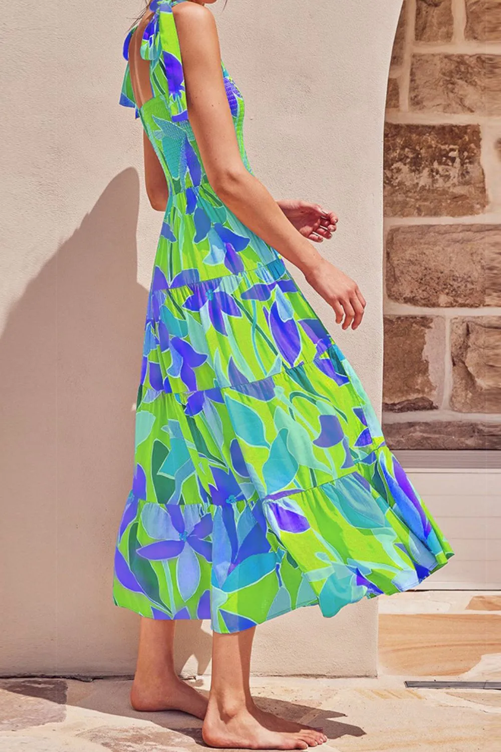 Floral Tie-Shoulder Smocked Midi Dress, image 2