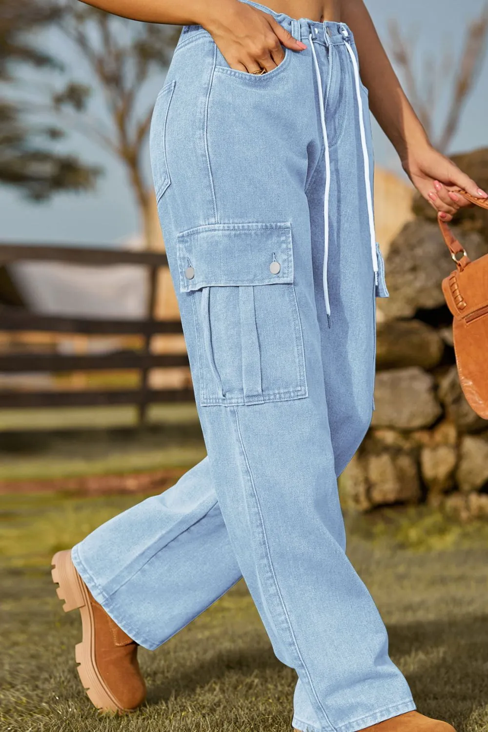 Loose Fit Drawstring Jeans with Pocket, image 3