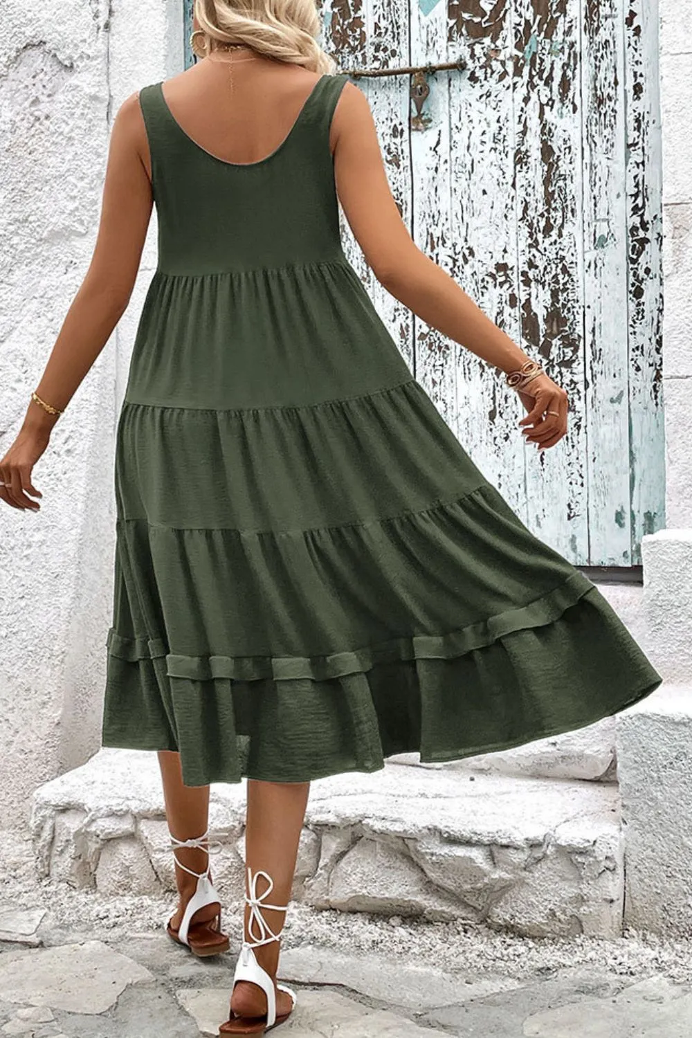 Decorative Button Scoop Neck Tiered Sleeveless Dress, image 3