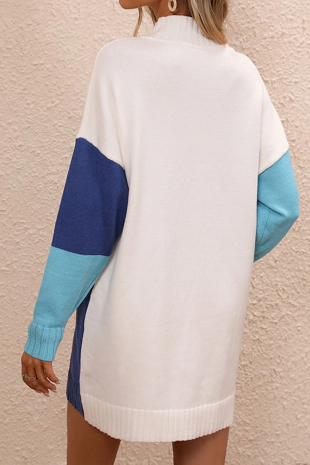 Color Block Mock Neck Dropped Shoulder Sweater Dress, image 13