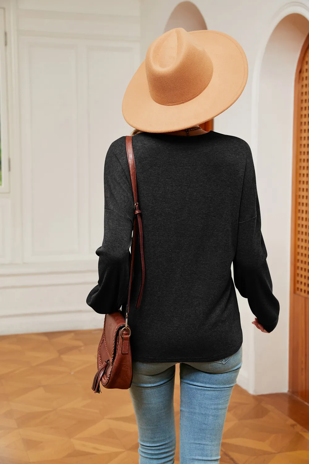Contrast V-Neck Long Sleeve Blouse, image 6