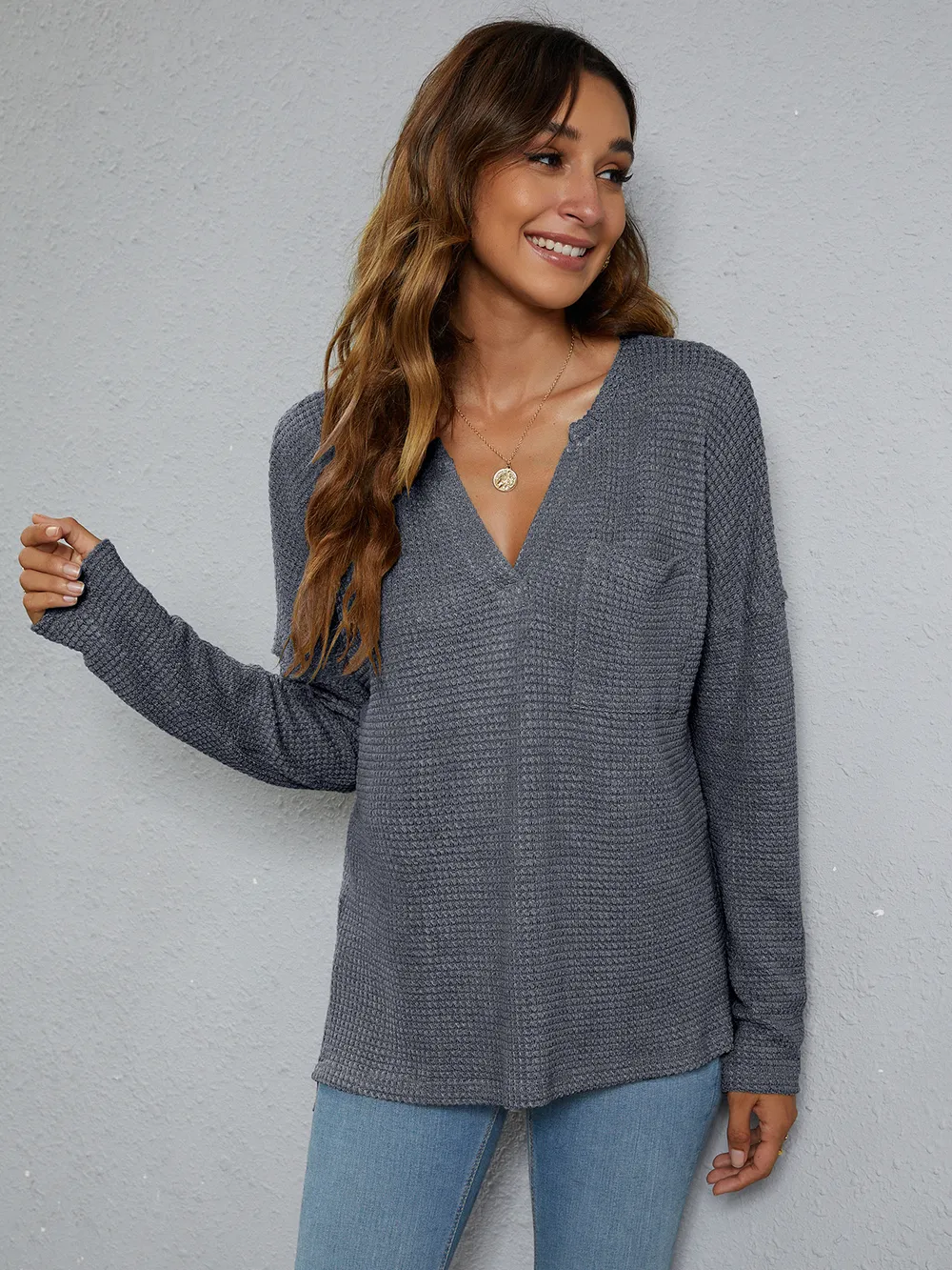 Dropped Shoulder High-Low Waffle-Knit Top, image 4