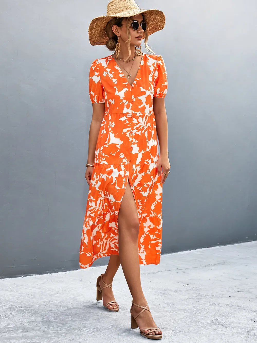 V-Neck Short Sleeve High Slit Midi Dress, image 2