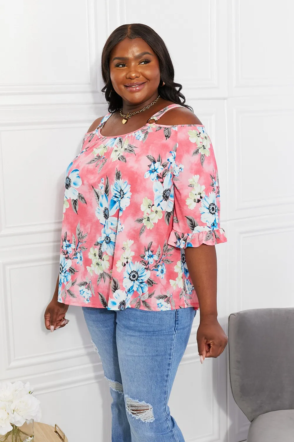 Full Size Fresh Take Floral Cold-Shoulder Top, image 2