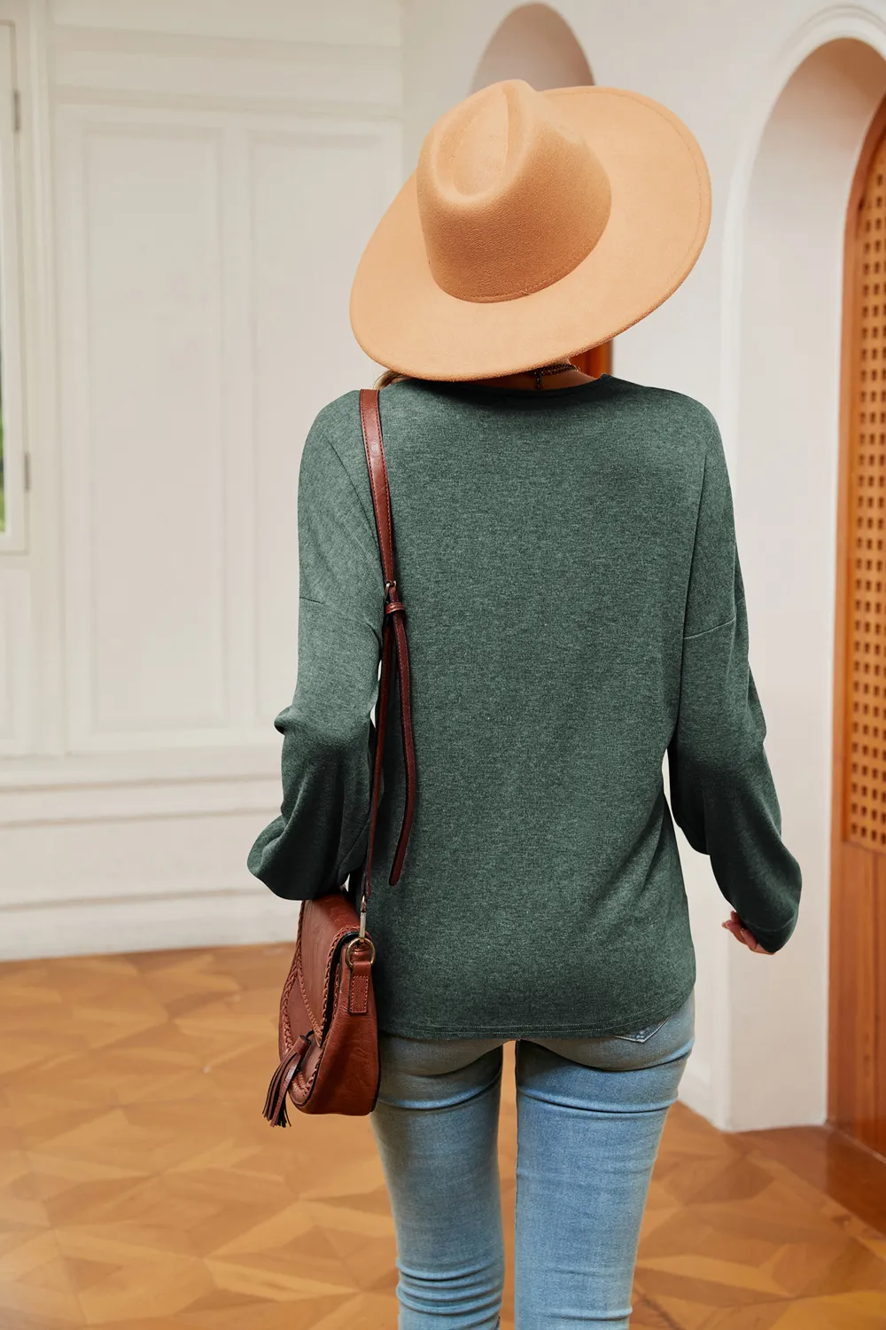 Contrast V-Neck Long Sleeve Blouse, image 9