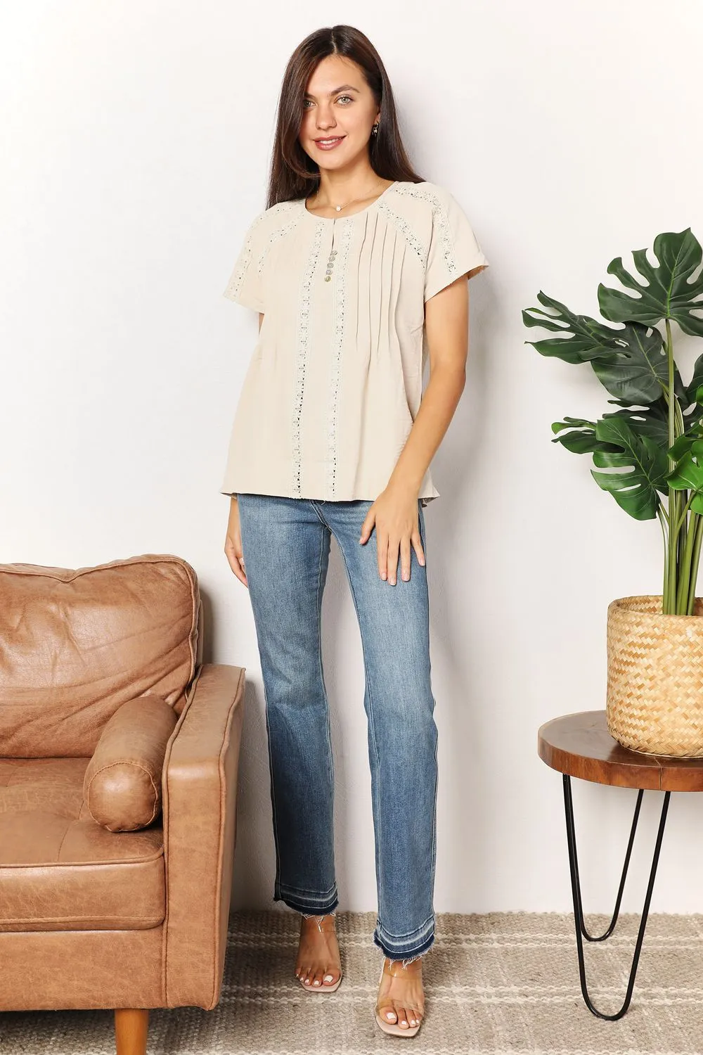Crochet Buttoned Short Sleeves Top, image 10