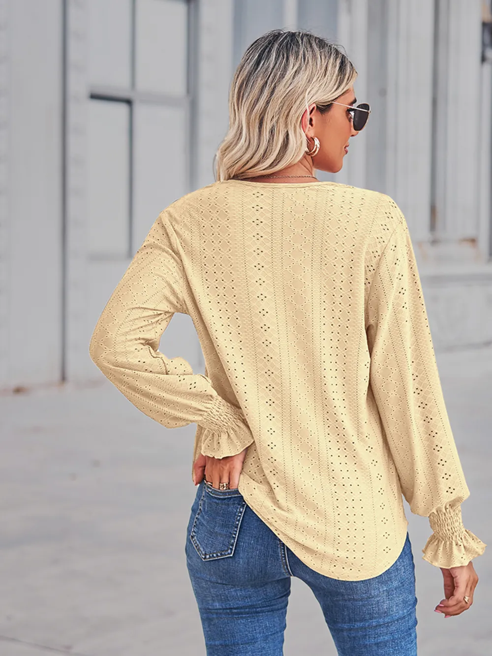 V-Neck Eyelet Flounce Sleeve Blouse, image 3