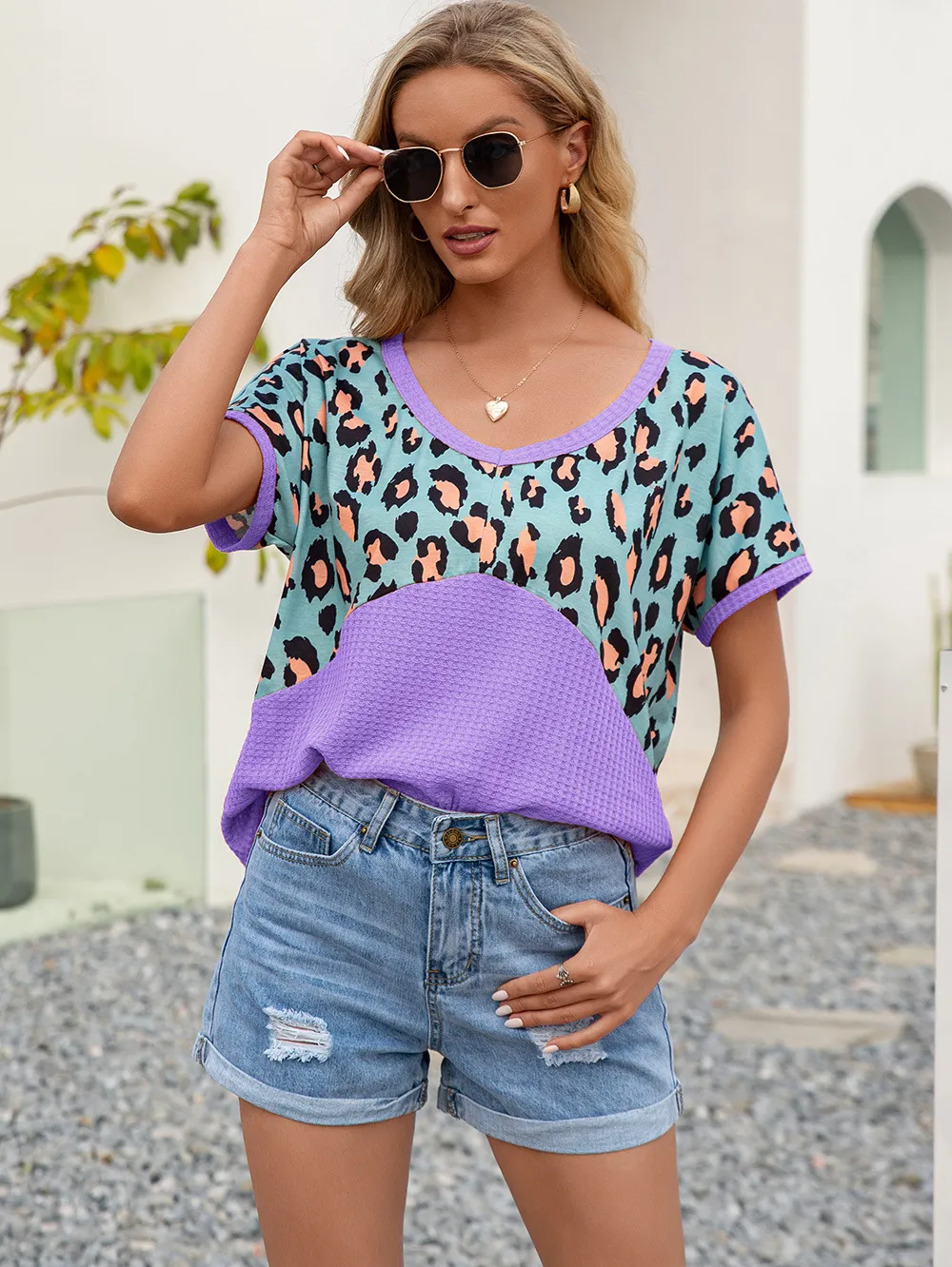 Leopard Waffle-Knit Short Sleeve Top, image 6