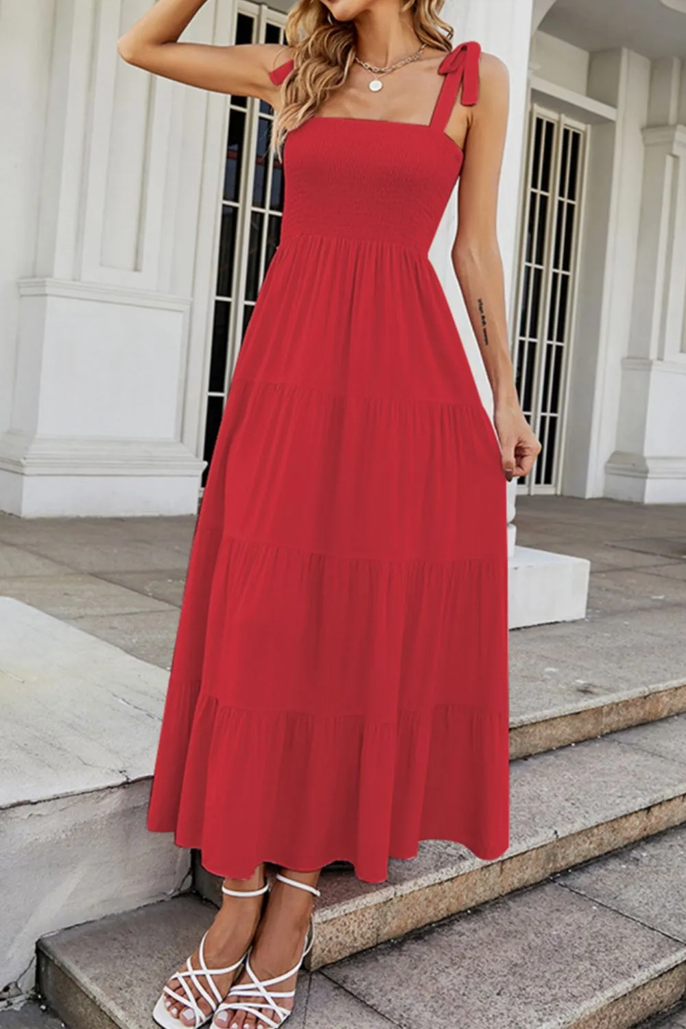 Tie-Shoulder Smocked Tiered Dress, image 2