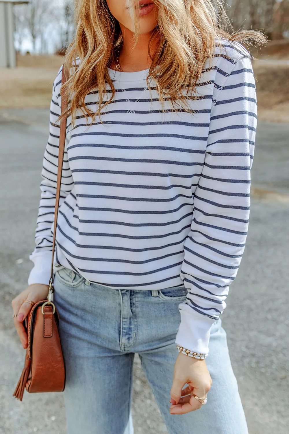 Striped Long Sleeve Round Neck Top, image 2