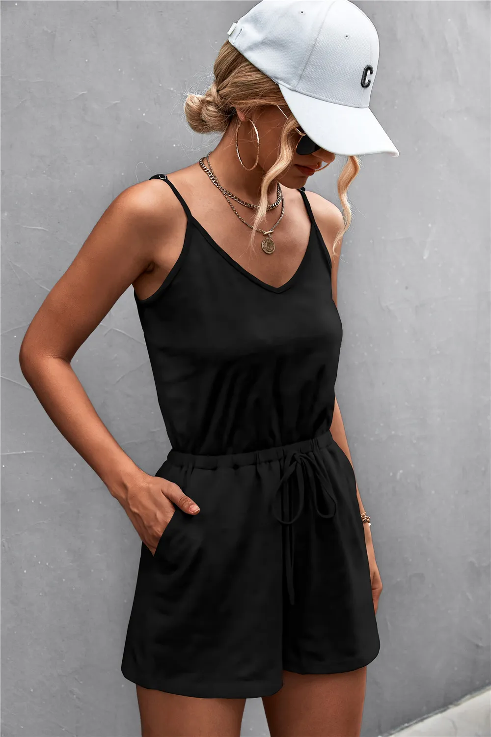 Spaghetti Strap V-Neck Pocket Romper, image 2