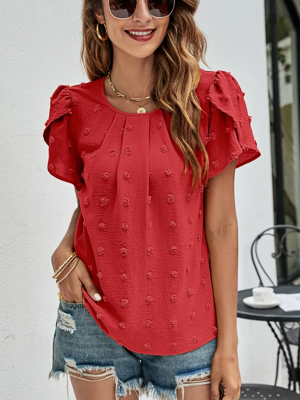 Swiss Dot Round Neck Petal Sleeve Top, image 16