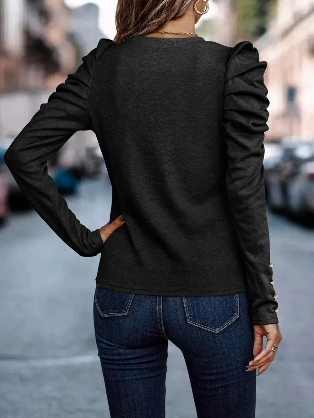Decorative Button Puff Sleeve T-Shirt, image 5