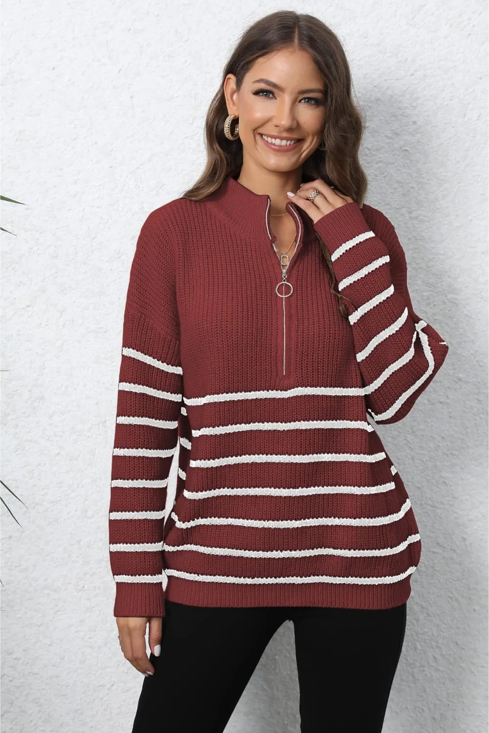 Mock Neck Long Sleeve Zip-Up Sweater, image 13