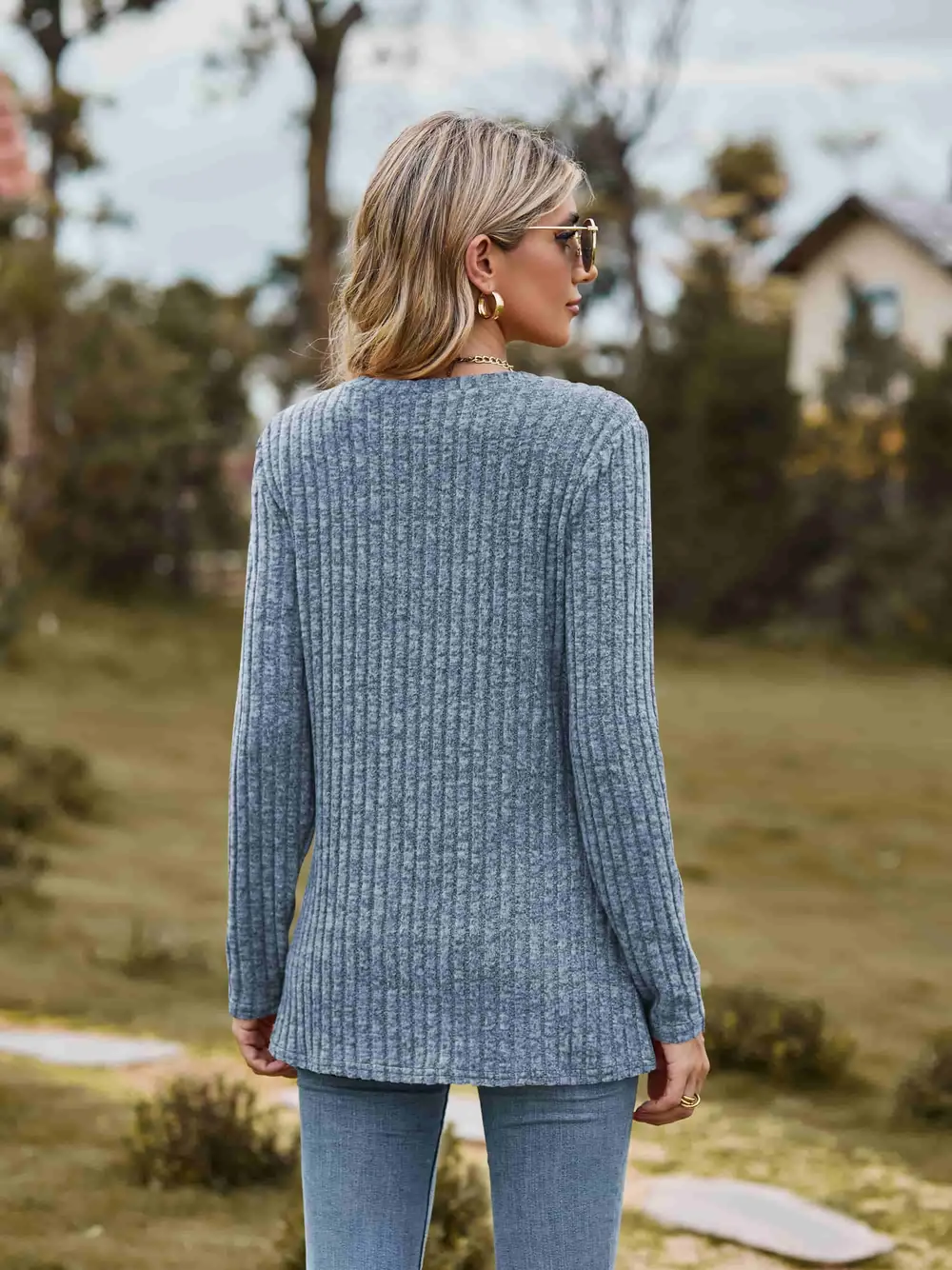 Ribbed Round Neck Long Sleeve Tee, image 17