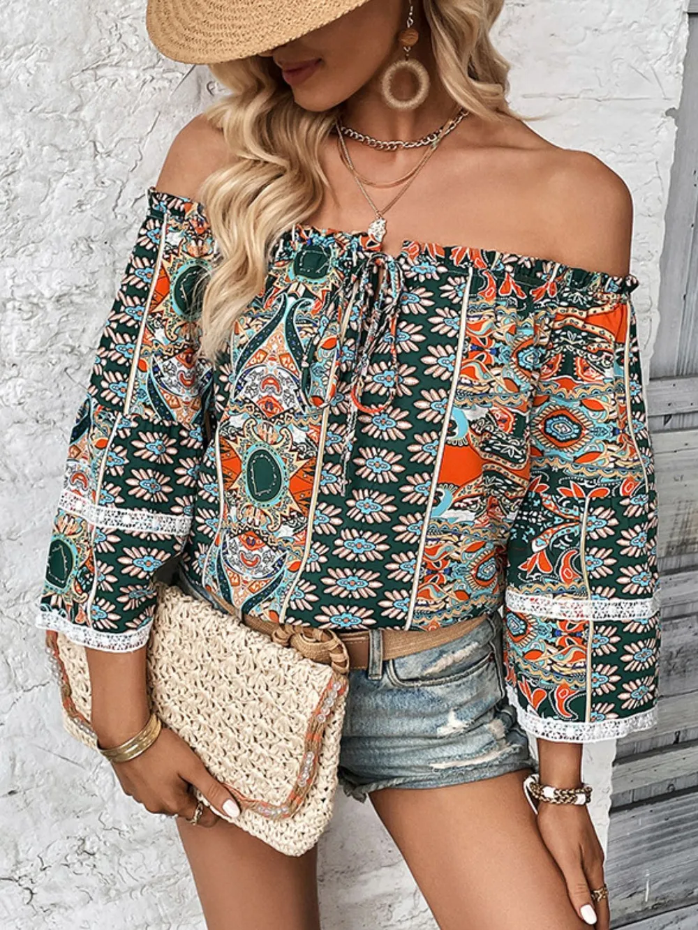 Printed Frill Trim Off-Shoulder Blouse, image 2