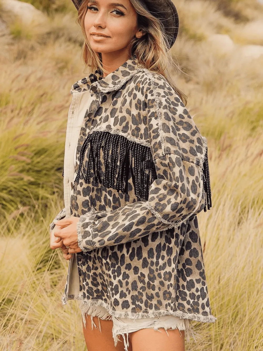 Leopard Fringe Detail Collared Neck Denim Jacket, image 4