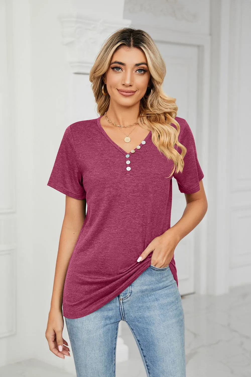 Decorative Button V-Neck T-Shirt, image 8
