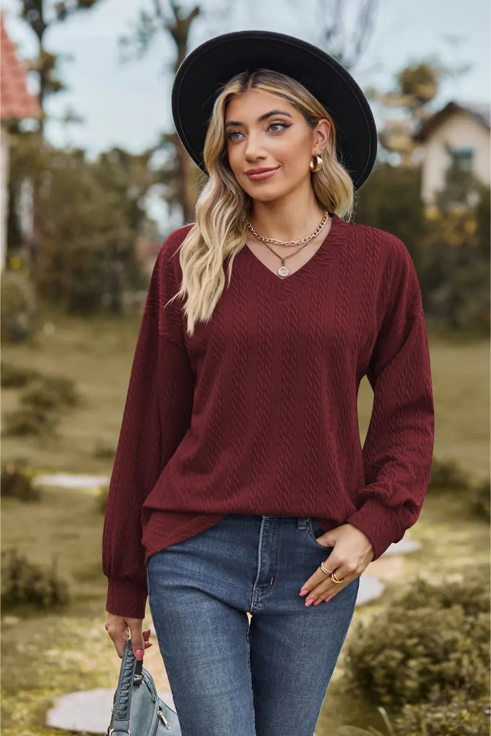 V-Neck Dropped Shoulder Blouse, image 2