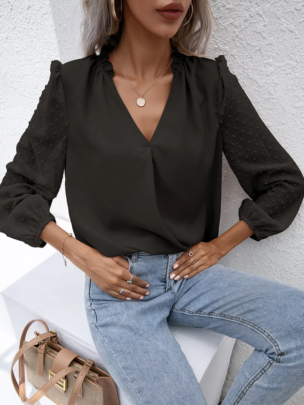 Swiss Dot Frill Trim Puff Sleeve Blouse, image 3