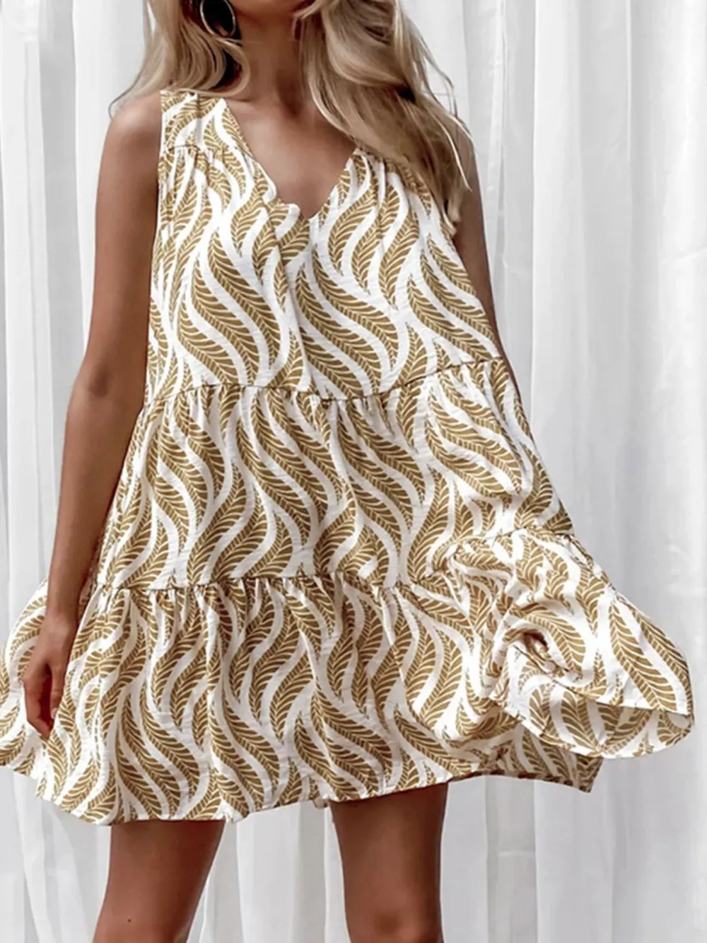 Printed V-Neck Sleeveless Mini Dress, image 2