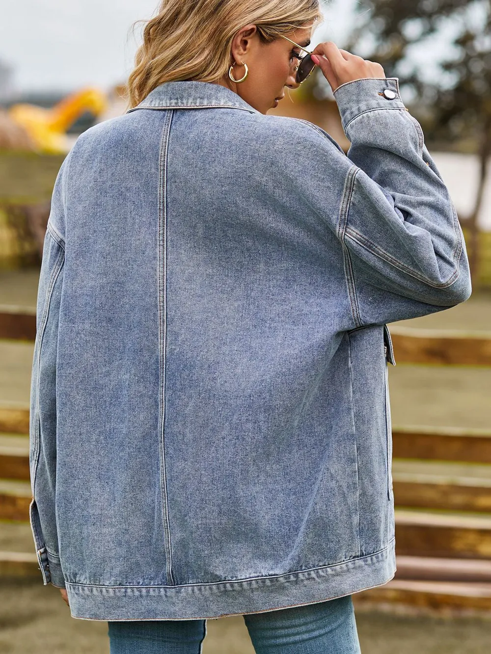 Dropped Shoulder Denim Jacket with Pockets, image 2