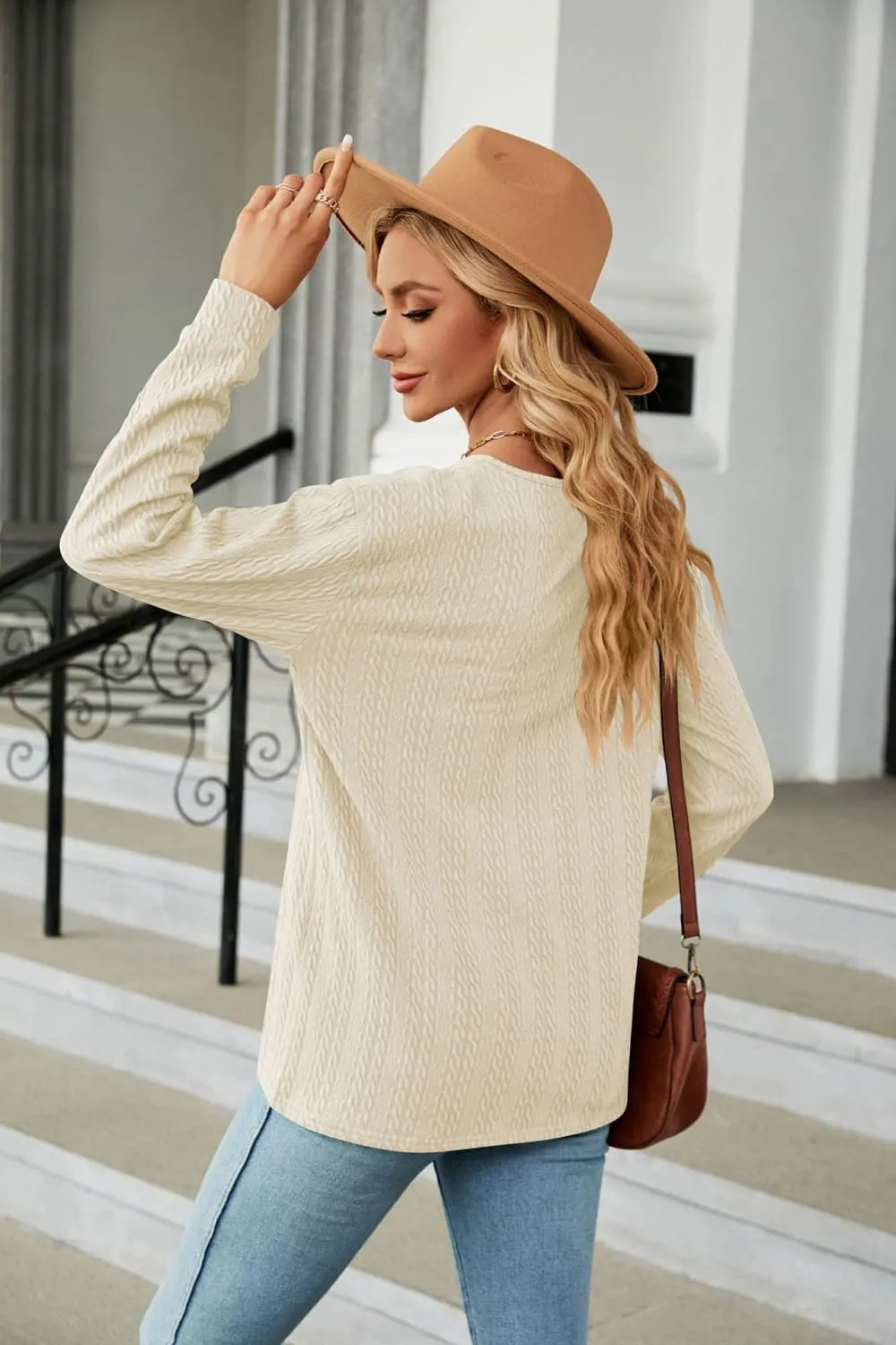 Decorative Button V-Neck Long Sleeve T-Shirt, image 10