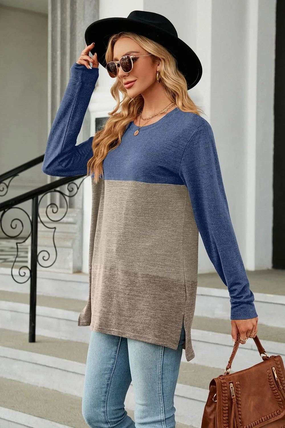 Color Block Round Neck Long Sleeve Slit T-Shirt, image 6