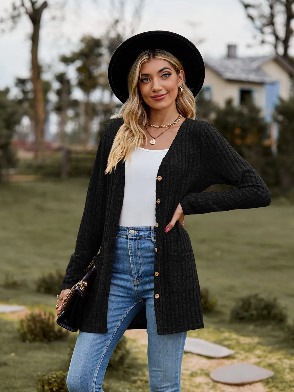 Ribbed Button-Up Cardigan with Pockets, image 3