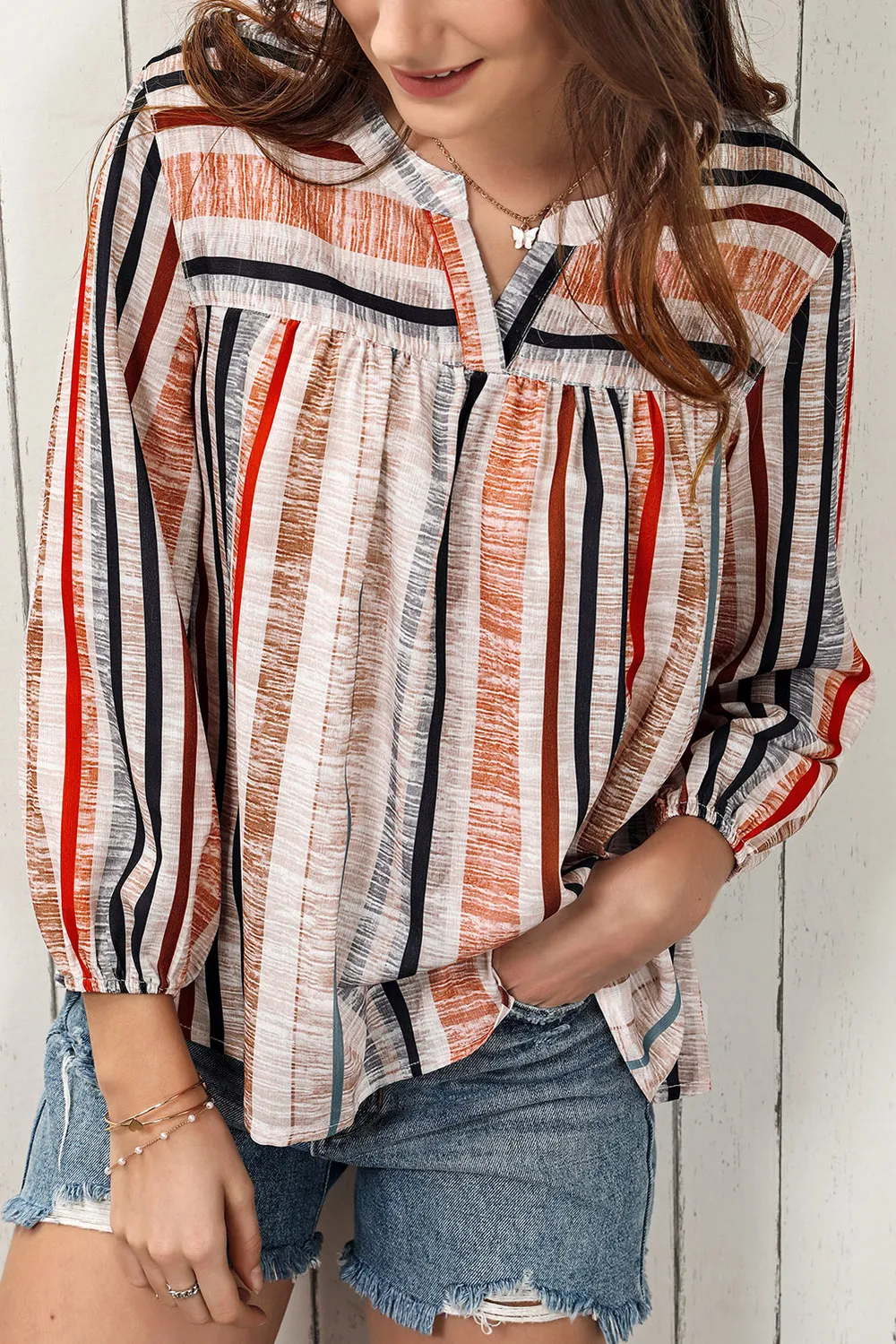 Multicolored Stripe Notched Neck Top, image 2