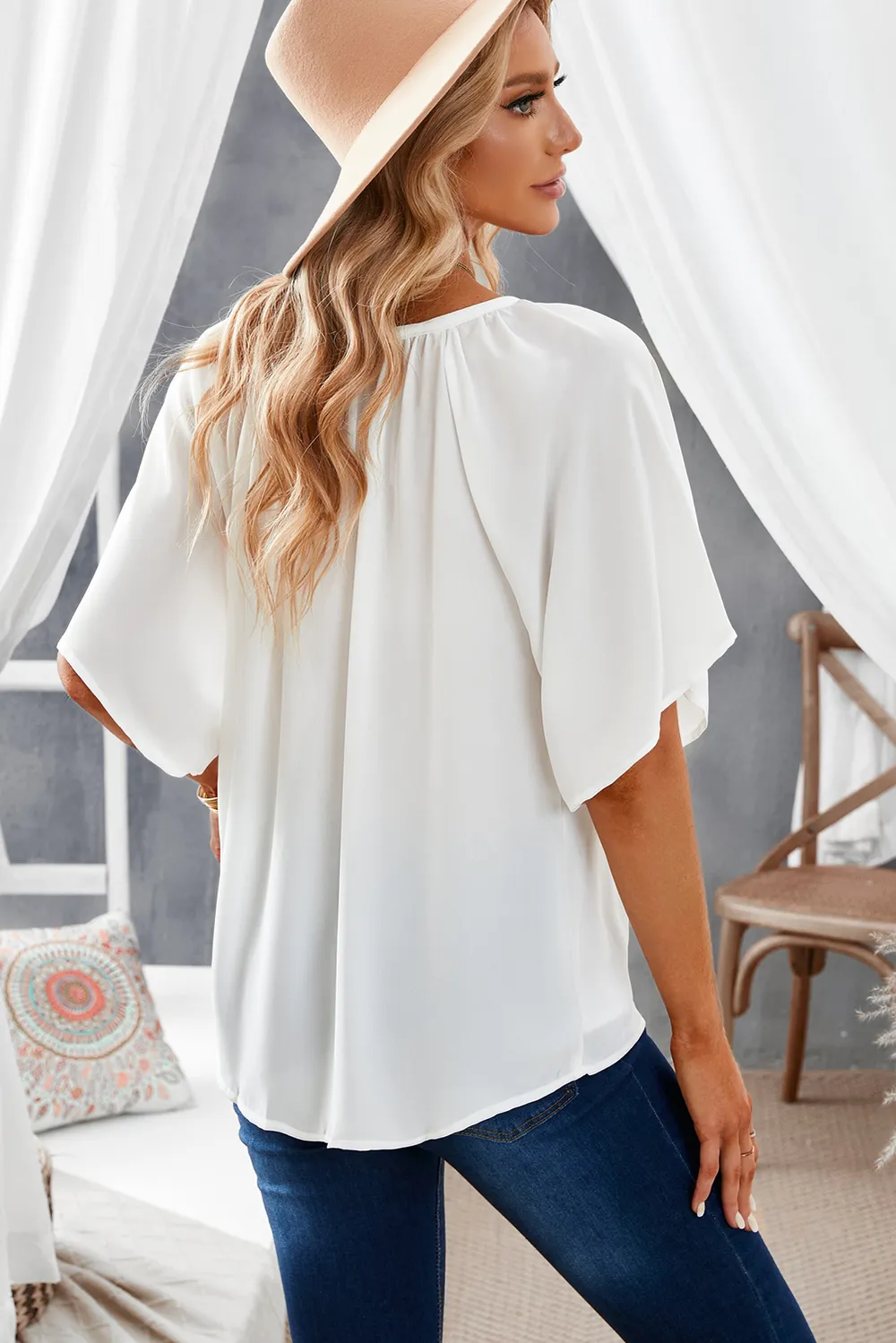 Gathered Detail Notched Neck Flutter Sleeve Top, image 3