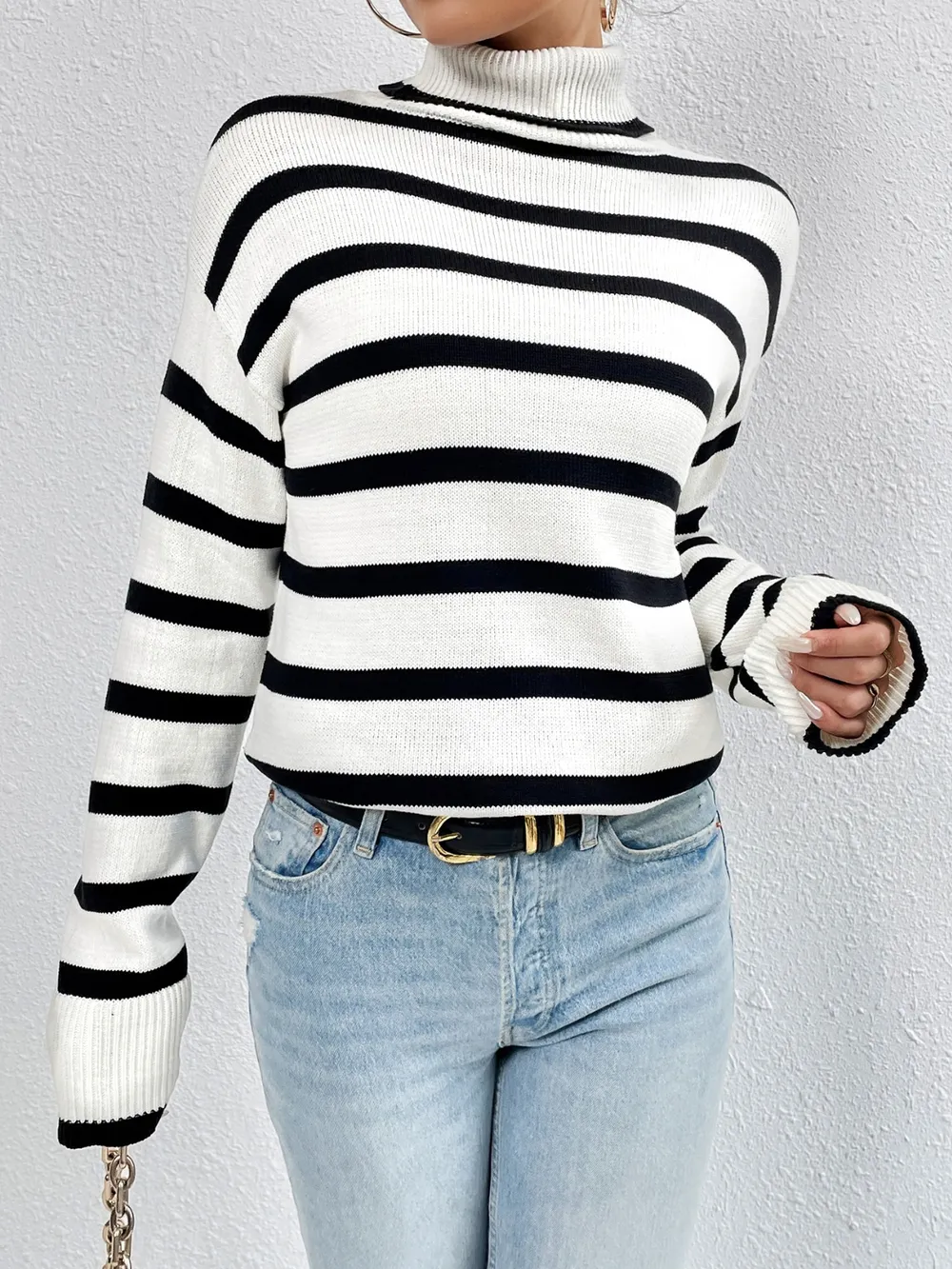 Striped Turtleneck Drop Shoulder Sweater, image 7