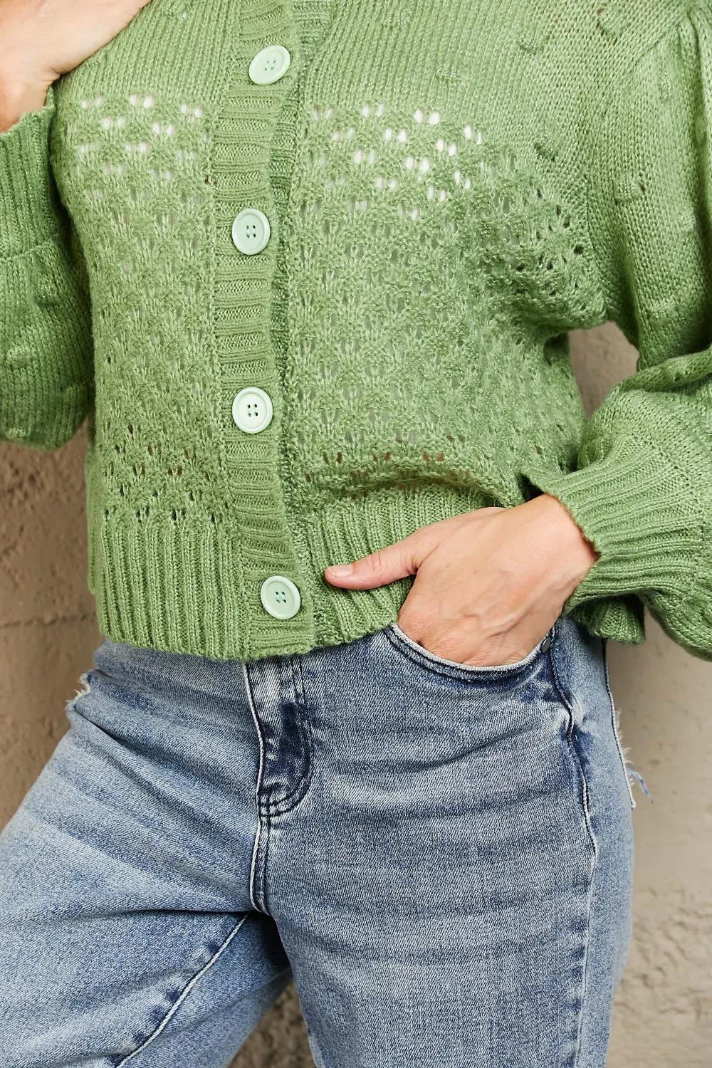 Openwork Pompom Puff Sleeve Cardigan, image 2